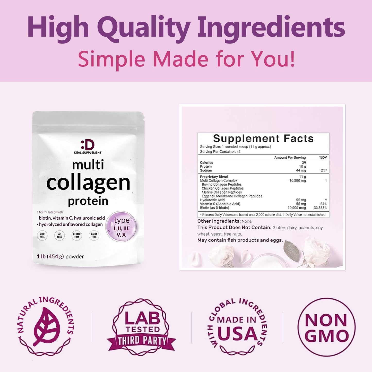 DEAL SUPPLEMENT Multi Collagen Peptides Powder - Dietary Hydrolyzed Protein Peptides for hair, skin, nail -Hyaluronic Acid, Biotin & Vitamin C