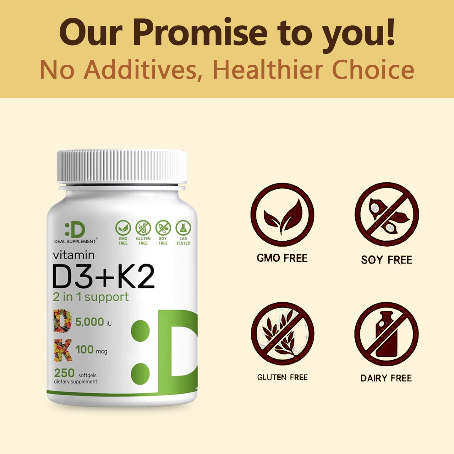 Deal Supplement Vitamin D3K2, 250 Veggie Softgels, 2 in 1 (5000 IU D3+100mcg K2 MK7) | Healthy Bones, Teeth, Heart, Immune System