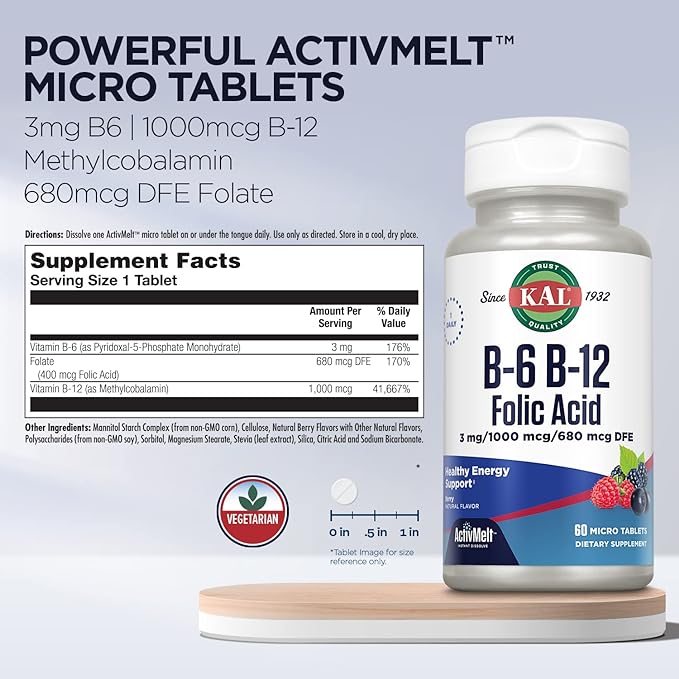 KAL Vitamin B-6, B-12 & Folic Acid Supplement (60 ActivMelt Micro Tablets)