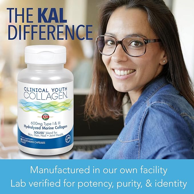 KAL Clinical Youth Collagen™ Hydrolyzed Marine Collagen Type I & III 600mg (60 VegCaps)