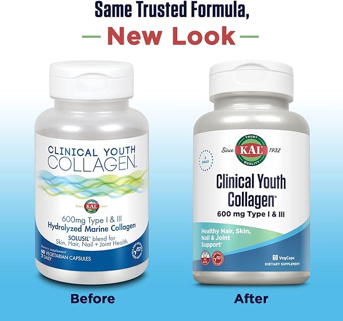 KAL Clinical Youth Collagen™ Hydrolyzed Marine Collagen Type I & III 600mg (60 VegCaps)
