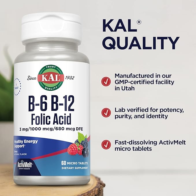 KAL Vitamin B-6, B-12 & Folic Acid Supplement (60 ActivMelt Micro Tablets)