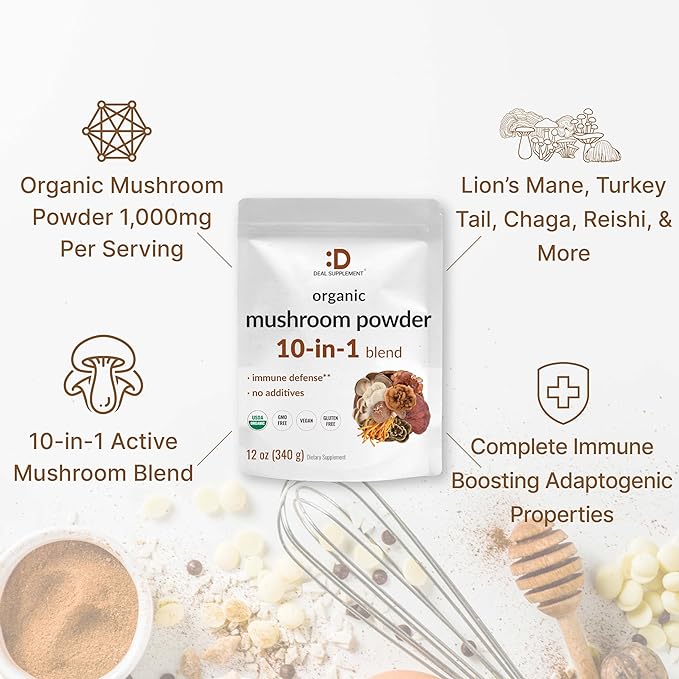 DEAL SUPPLEMENT Organic Lions Mane Mushroom Powder | 10-in-1 Blend for Immune, Energy Boost, Memory, Focus, Clarity, Nerve, Fitness, Brain Health