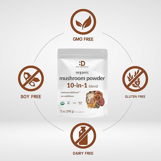 DEAL SUPPLEMENT Organic Lions Mane Mushroom Powder | 10-in-1 Blend for Immune, Energy Boost, Memory, Focus, Clarity, Nerve, Fitness, Brain Health
