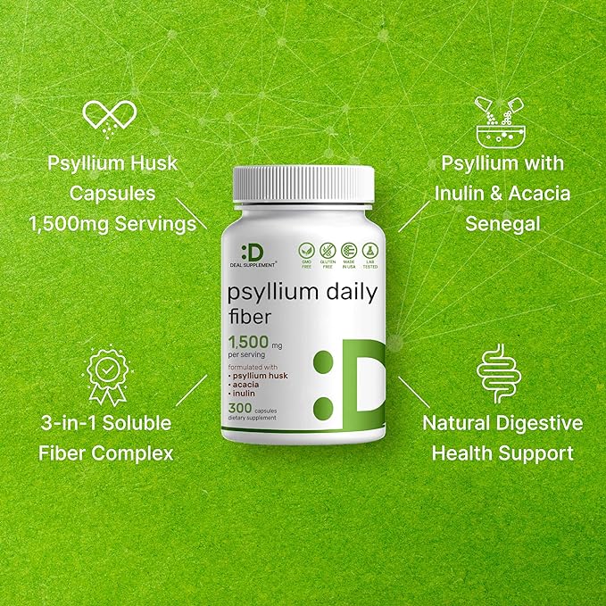 DEAL SUPPLEMENT Psyllium Husk Capsules –Soluble Fiber | Optimum Digestive Health for Gut & Colon | Prebiotics