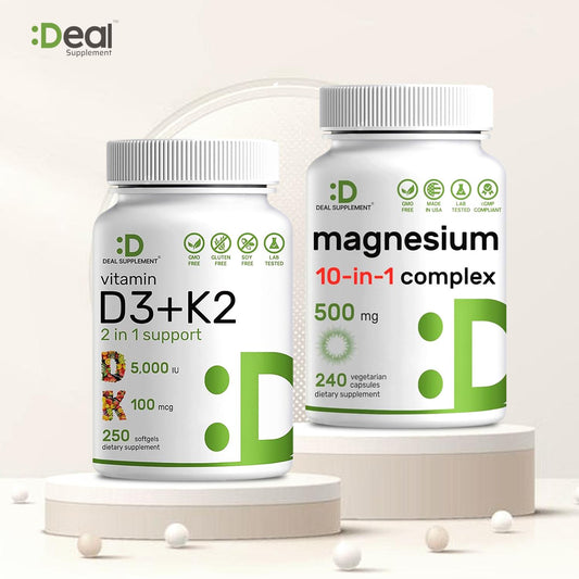 DEAL SUPPLEMENT 10-in-1 Essential Magnesium Complex+Vitamin D3&K2 BUNDLE | Bones, Nerve Function, Sleep, Heart, Immune System, Brain, Relaxation