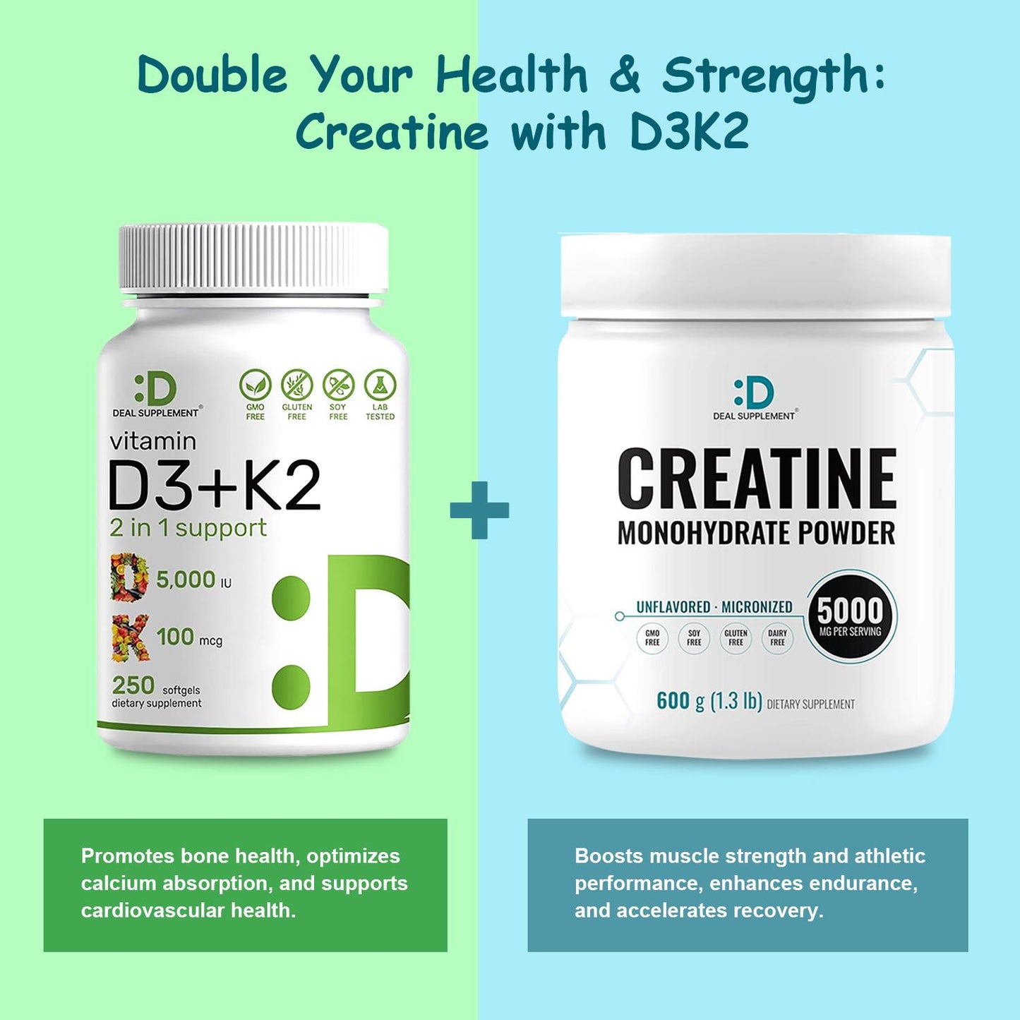 Deal Supplement Creatine Monohydrate Powder + Vitamin D3 & K2 [2-in-1 BUNDLE] | Fitness, Muscle Maintenance, Strength & Energy Production