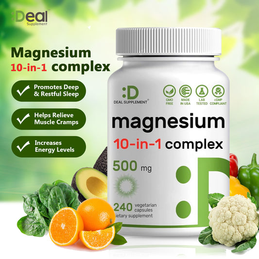 DEAL SUPPLEMENT 10-in-1 Magnesium Complex | 500mg of Magnesium Malate, Citrate,Taurate, & Aspartate for Sleep, Muscles, Nerves & Energy | 240 Capsules