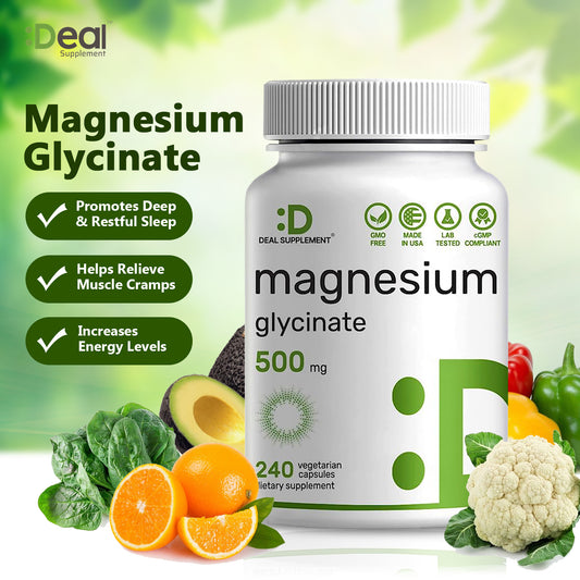 DEAL SUPPLEMENT Magnesium Glycinate 500mg|Support Sleep, Muscles, Nerves，Energy Dietary Healthcare | Vegan, Non-GMO | 240 Capsules