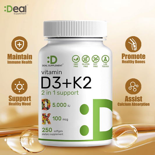 Deal Supplement Vitamin D3K2, 250 Veggie Softgels, 2 in 1 (5000 IU D3+100mcg K2 MK7) | Healthy Bones, Teeth, Heart, Immune System