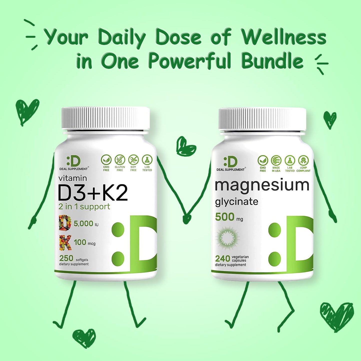 DEAL SUPPLEMENT Magnesium Glycinate+Vitamin D3&K2 BUNDLE | Muscle, Joint, Bones, Nerve Function, Sleep, Heart, Immune System