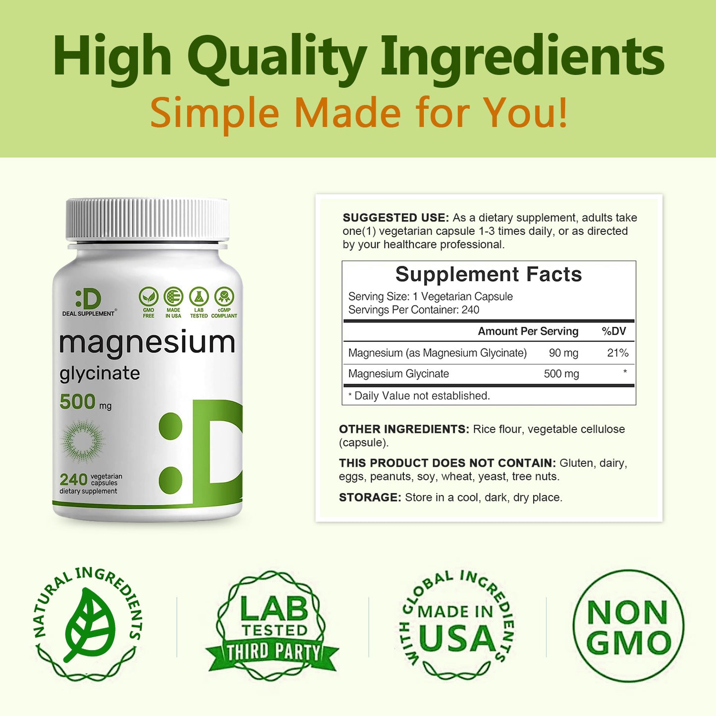 DEAL SUPPLEMENT Magnesium Glycinate 500mg|Support Sleep, Muscles, Nerves，Energy Dietary Healthcare | Vegan, Non-GMO | 240 Capsules