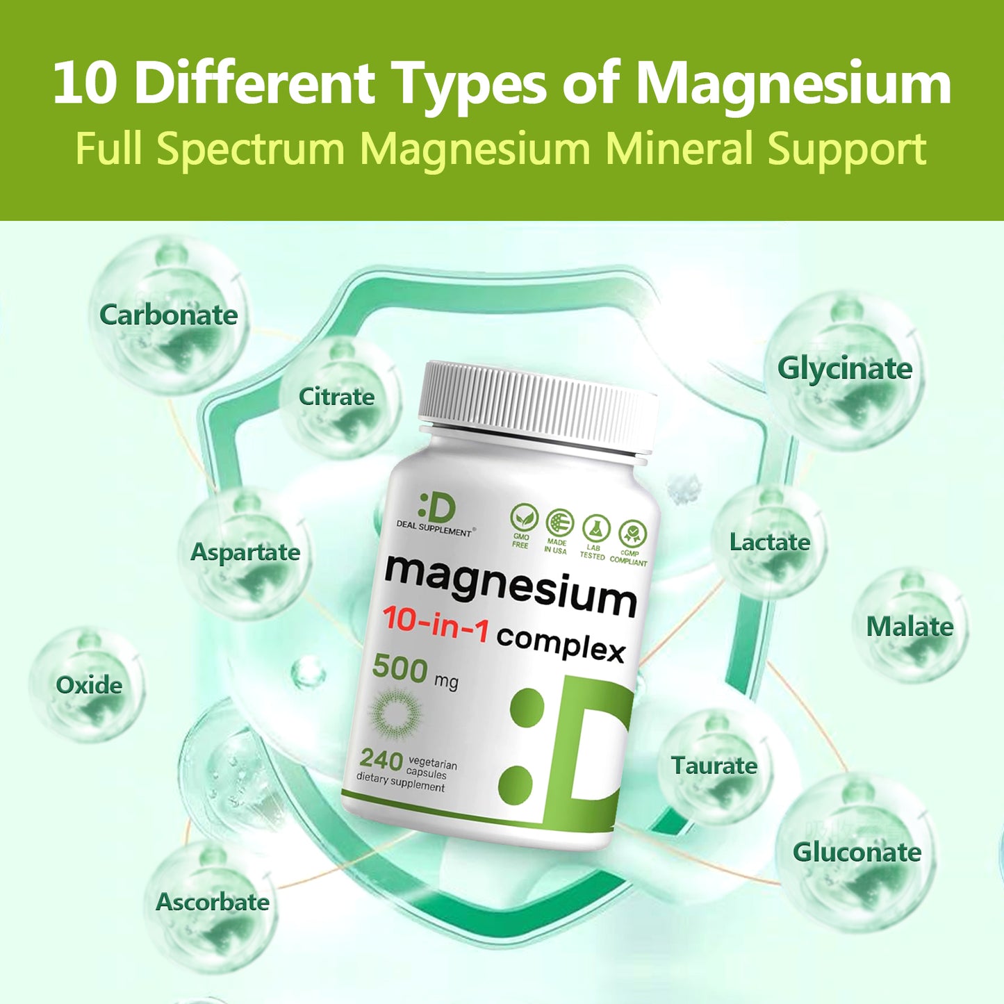 DEAL SUPPLEMENT 10-in-1 Magnesium Complex | 500mg of Magnesium Malate, Citrate,Taurate, & Aspartate for Sleep, Muscles, Nerves & Energy | 240 Capsules
