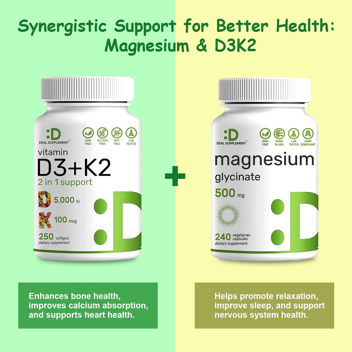 DEAL SUPPLEMENT Magnesium Glycinate+Vitamin D3&K2 BUNDLE | Muscle, Joint, Bones, Nerve Function, Sleep, Heart, Immune System
