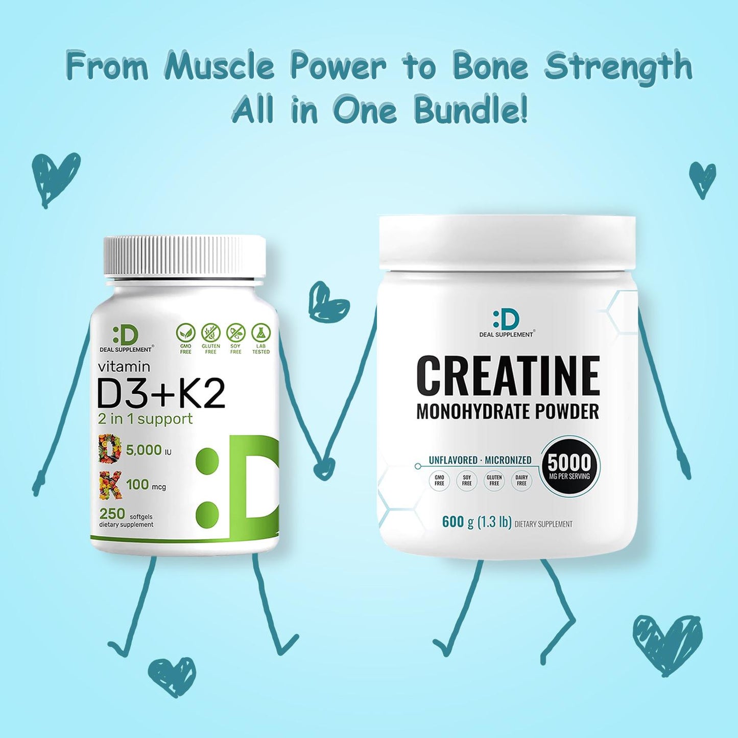 Deal Supplement Creatine Monohydrate Powder + Vitamin D3 & K2 [2-in-1 BUNDLE] | Fitness, Muscle Maintenance, Strength & Energy Production