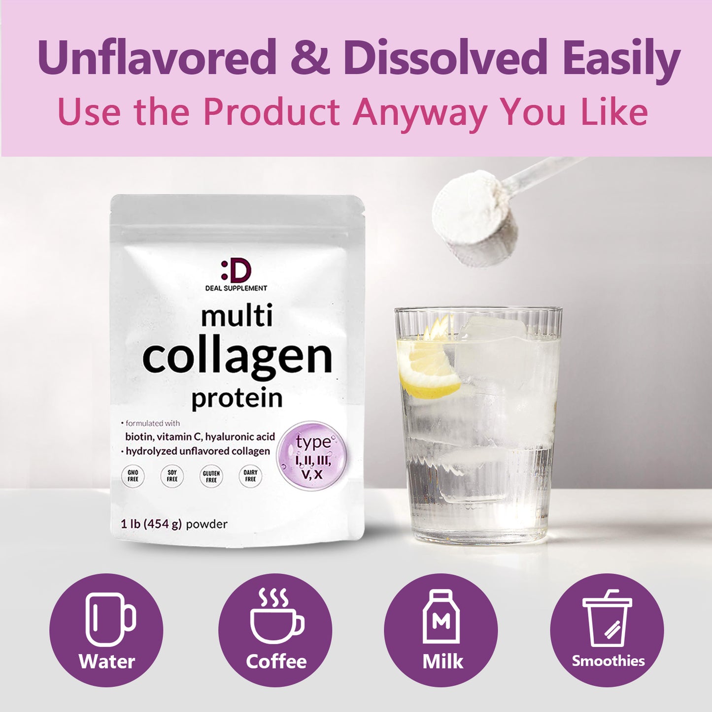 DEAL SUPPLEMENT Multi Collagen Peptides Powder - Dietary Hydrolyzed Protein Peptides for hair, skin, nail -Hyaluronic Acid, Biotin & Vitamin C
