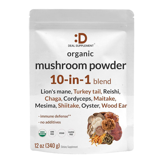 DEAL SUPPLEMENT Organic Lions Mane Mushroom Powder | 10-in-1 Blend for Immune, Energy Boost, Memory, Focus, Clarity, Nerve, Fitness, Brain Health