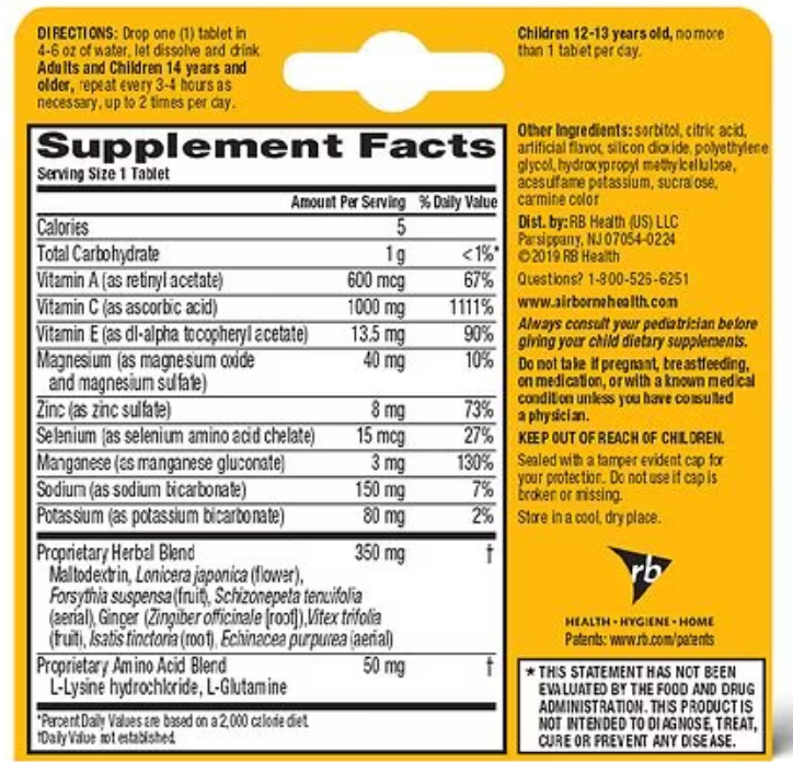 Airborne 1000mg Vitamin C with Zinc Effervescent Tablets （10 Count Box）